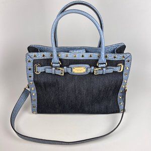 Michael Kors Selma Denim & Blue Leather Gold Studded Satchel Shoulder Bag Purse.